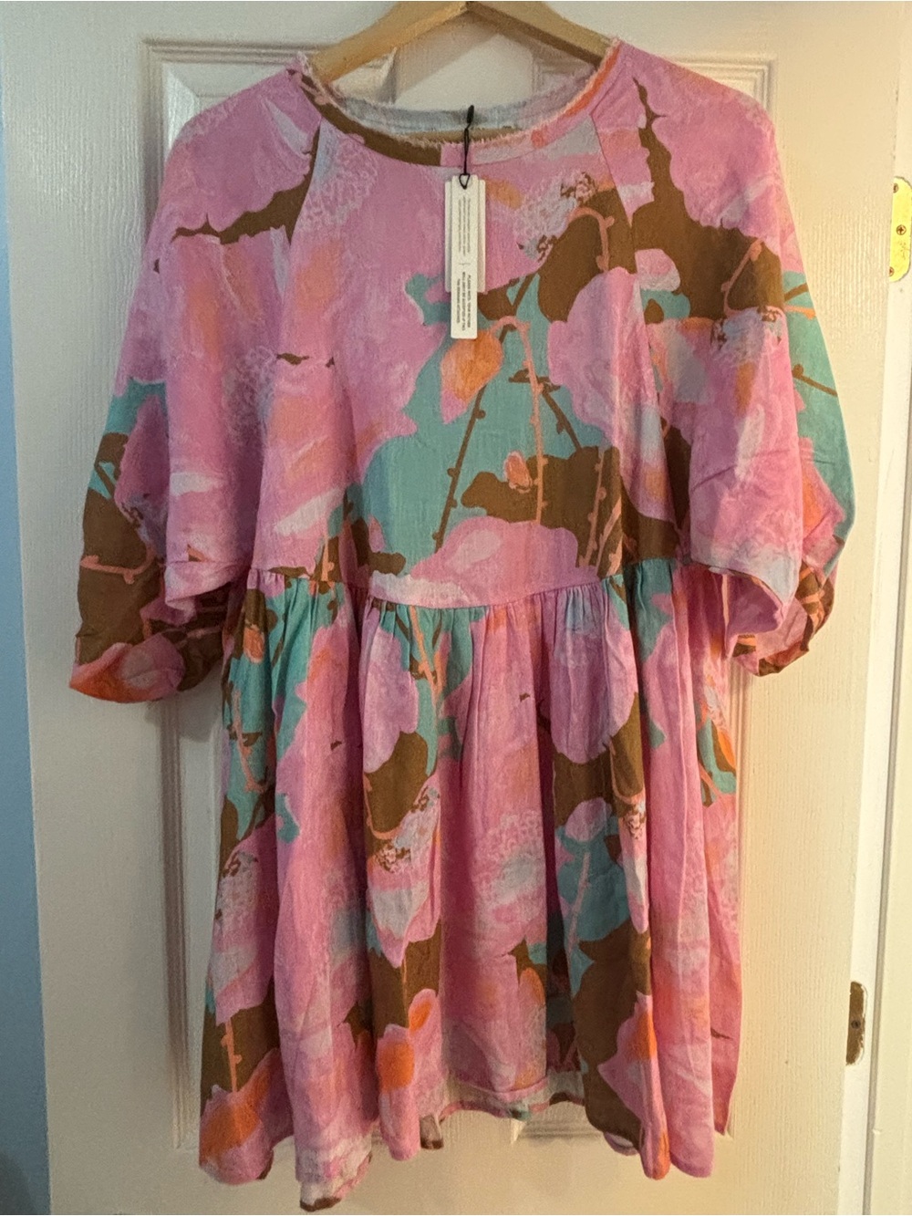 Lanhtropy OS NWT Pink Floral Swing Dress with Mint and Brown Accents